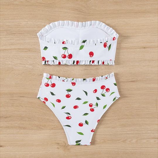 Damen Bandeau-Bikini mit fröhlichem Kirschmuster und eleganter Rüsche EB