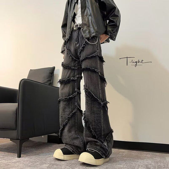 Damen lässige Denim-Hose mit fransigen Details und weitem Schnitt EB