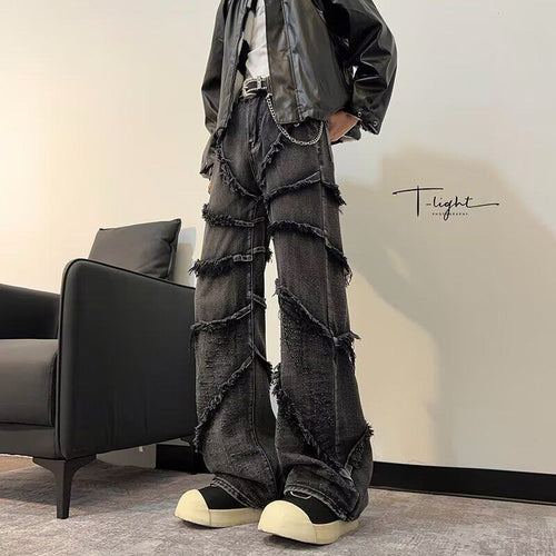 Damen lässige Denim-Hose mit fransigen Details und weitem Schnitt EB