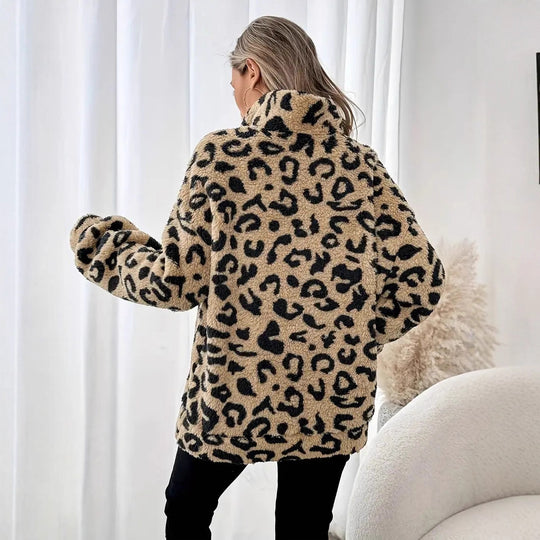 Damen Fleece-Pullover mit stylischem Leopardenmuster EB