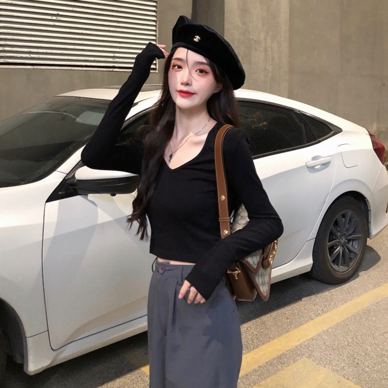 Damen Cropped Langarmshirt mit modischem V-Ausschnitt und bequemen Materialien EB