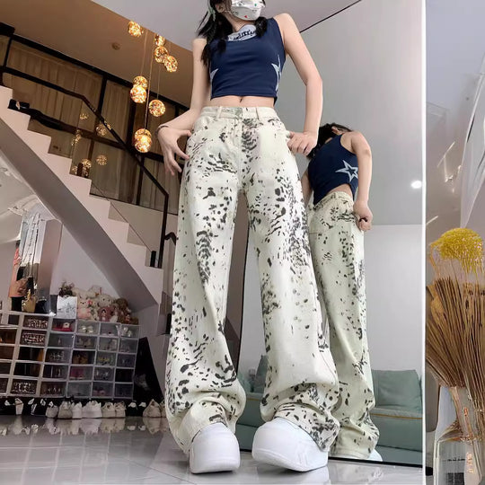 Damen weite Cargo-Jeans mit einzigartigem Muster und hoch tailliertem Schnitt EB
