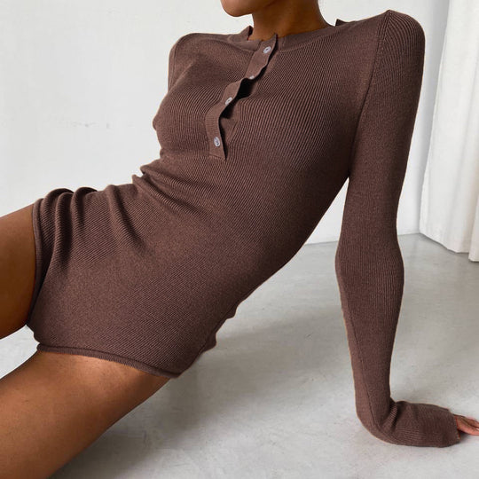 Damen Langarm-Bodysuit mit Knopfleiste und Rippstruktur EB