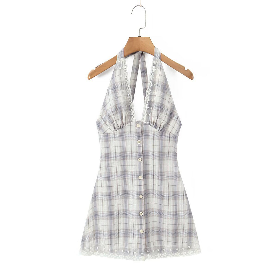 Damen Halterkleid mit floralem Spitzenbesatz und Knopfleiste EB
