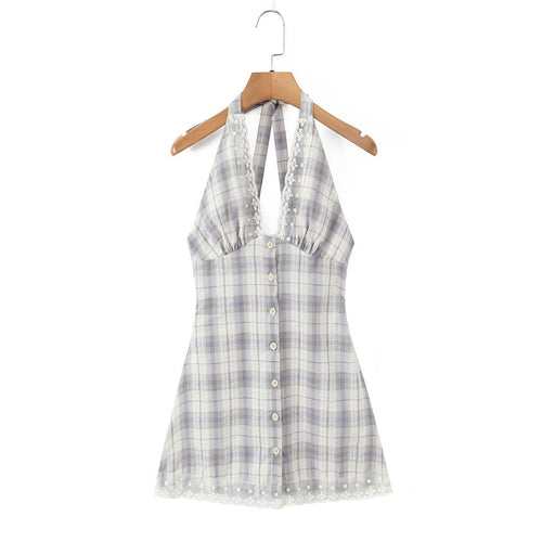 Damen Halterkleid mit floralem Spitzenbesatz und Knopfleiste EB