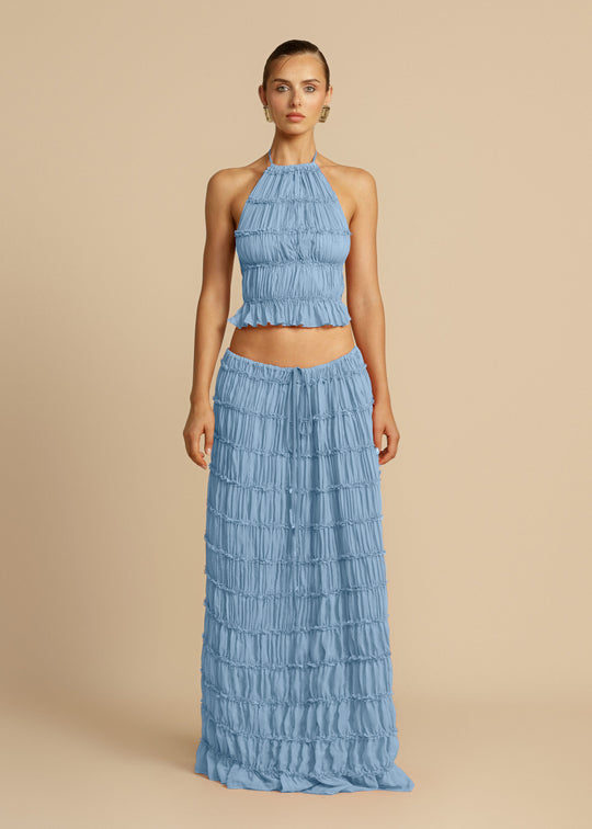 Damen Elegantes und verspieltes Zweiteiliges Sommerkleid mit gerafftem Oberteil und fließendem Rock EB