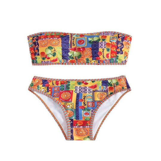 Damen Bandeau-Bikini mit buntem Muster und elastischem Unterteil EB