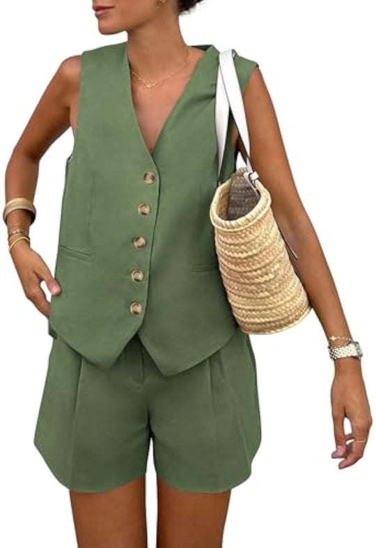 Damen elegantes Jumpsuit-Set mit tailliertem Schnitt und dekorativen Knopfdetails EB