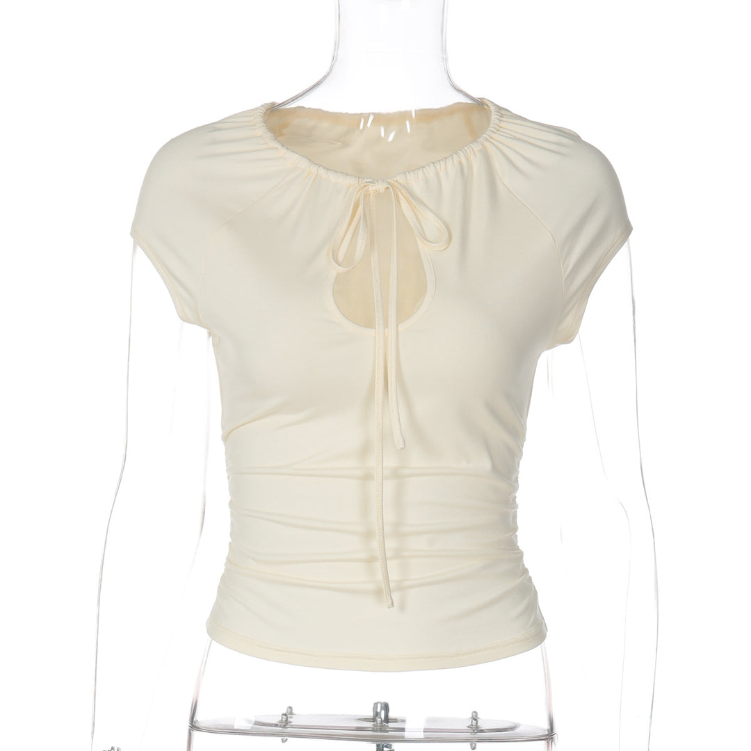 Damen figurbetontes Kurzarmshirt mit Dekolleté und Raffung EB