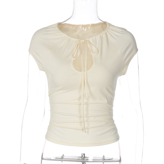 Damen figurbetontes Kurzarmshirt mit Dekolleté und Raffung EB