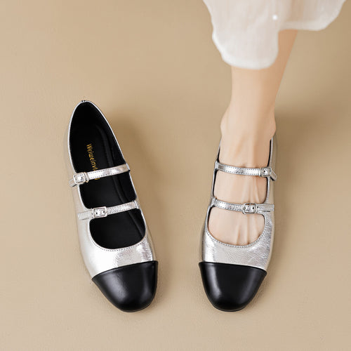 Damen Ballerinas mit doppeltem Riemen und metallic Obermaterial EB