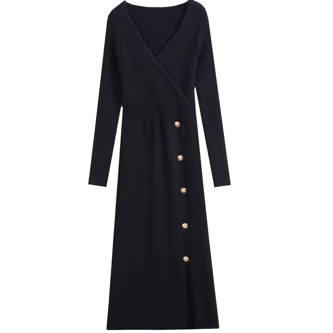 Damen Strickkleid mit Wickeloptik und Knopfdetails EB