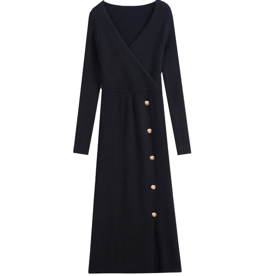 Damen Strickkleid mit Wickeloptik und Knopfdetails EB