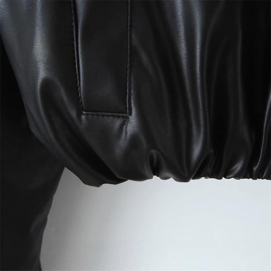 Damen cropped Kunstlederjacke mit praktischen Taschen und Gummibund EB