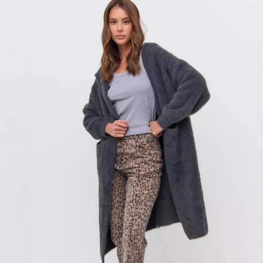 Damen Kapuzen-Strickmantel mit luxuriösem Flauschteil EB
