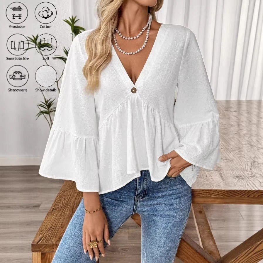 Damen nan elegante Empire-Bluse mit V-Ausschnitt, geraffter Brustnaht und Glockenärmeln EB