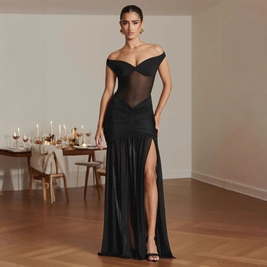 Damen figurbetontes Abendkleid mit schulterfreiem Design und seitlichem Schlitz EB