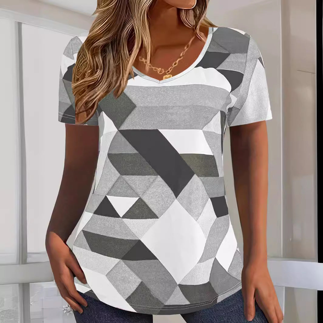 Damen V-Ausschnitt T-Shirt mit geometrischem Muster und weichem Material EB