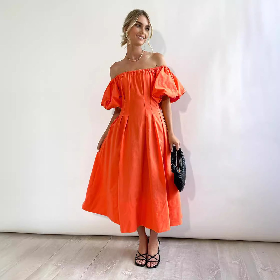 Damen Maxikleid mit schulterfreier Silhouette und voluminösen Ärmeln EB