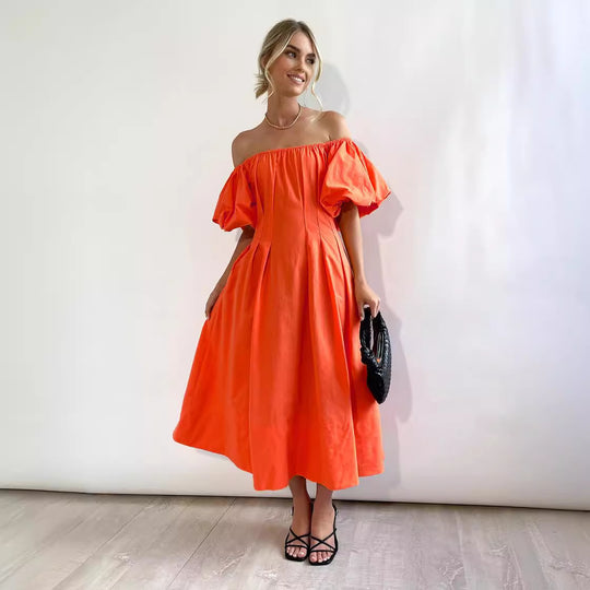 Damen Maxikleid mit schulterfreier Silhouette und voluminösen Ärmeln EB