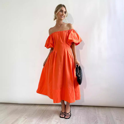 Damen Maxikleid mit schulterfreier Silhouette und voluminösen Ärmeln EB