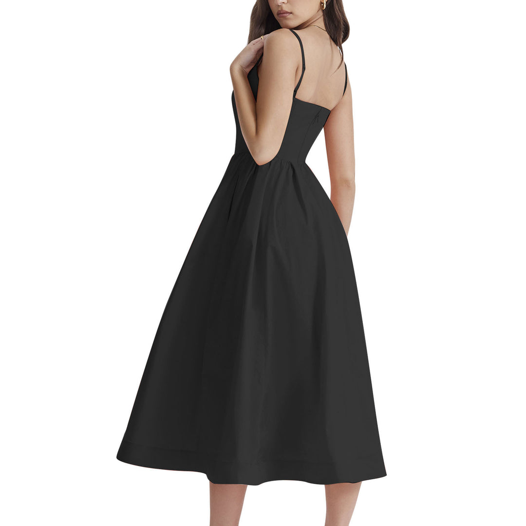 Damen elegantes Midikleid mit Spaghetti-Trägern und fließendem Rock EB