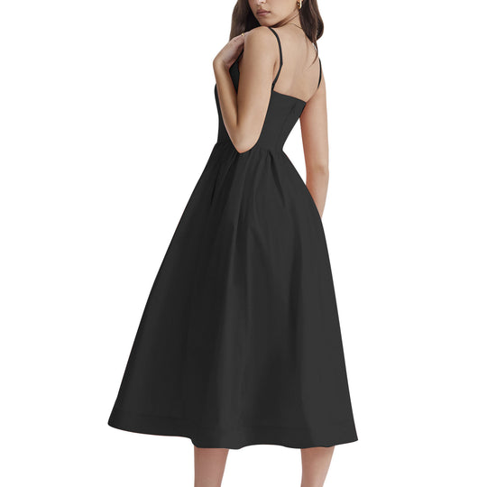 Damen elegantes Midikleid mit Spaghetti-Trägern und fließendem Rock EB