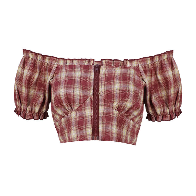 Damen Cropped Bluse mit Puffärmeln und Reißverschluss EB