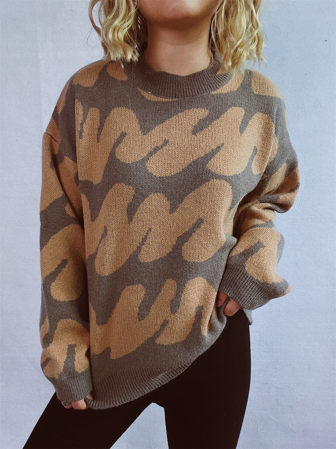 Damen lässiger Pullover mit modernem Farbblockdesign und voluminösen Ärmeln EB
