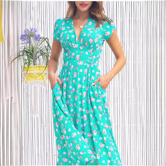 Damen Maxi-Kleid mit floralen Mustern und Taschen EB