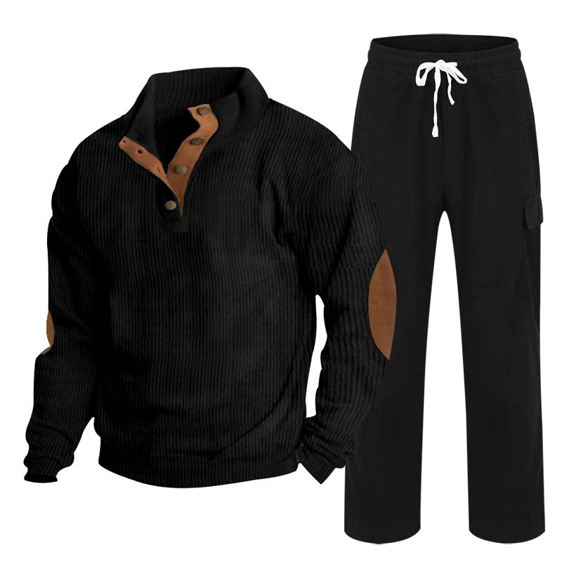 Herren nan strukturiertes Cord-Henley-Loungewear-Set mit Ellenbogenpatches und Cargo-Jogpant EB