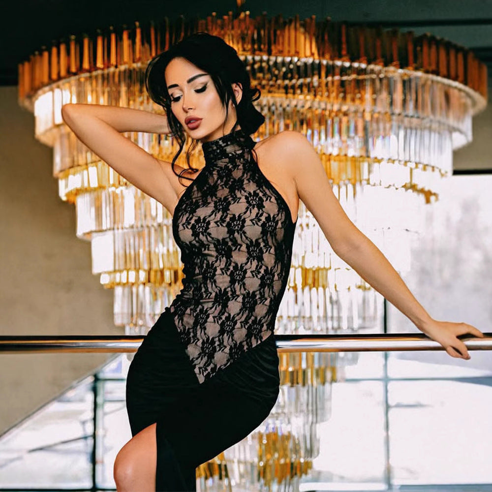 Damen elegantes Transparentes Spitzenkleid mit asymmetrischem Rock EB