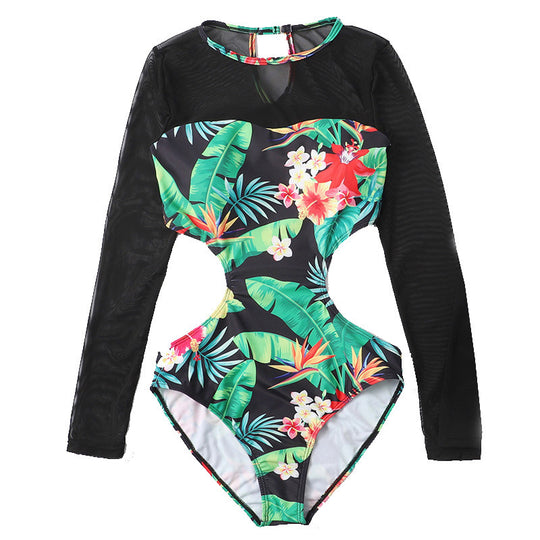 Damen Einteiler Badeanzug mit floralen Cut-Outs und transparenten Ärmel-Details EB
