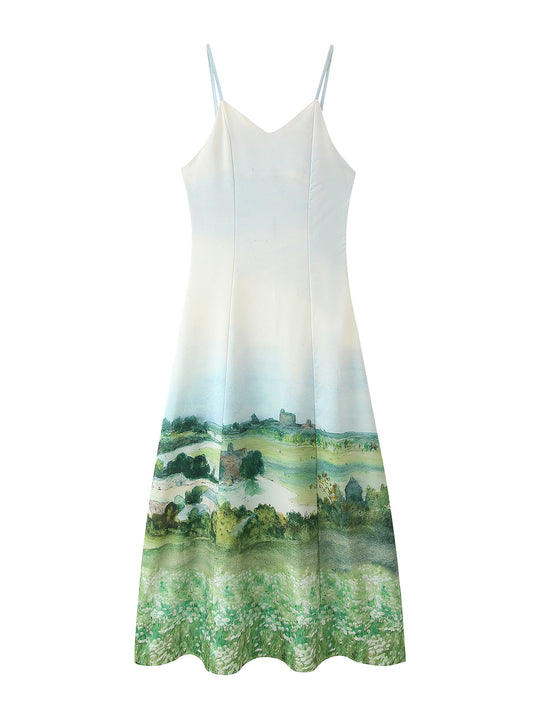 Damen Maxikleid mit kunstvollem Landschaftsdruck EB