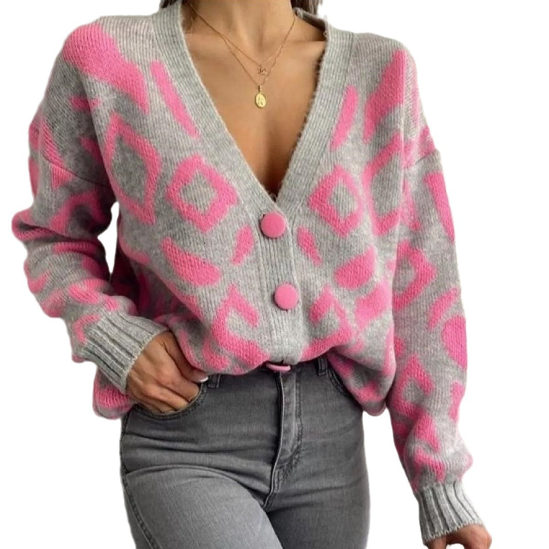 Damen Gemusterte Strickjacke mit modernem Design und Knopfverschluss EB