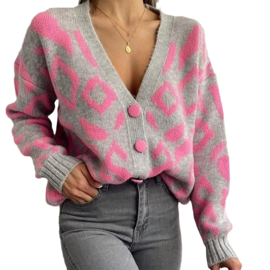 Damen Gemusterte Strickjacke mit modernem Design und Knopfverschluss EB