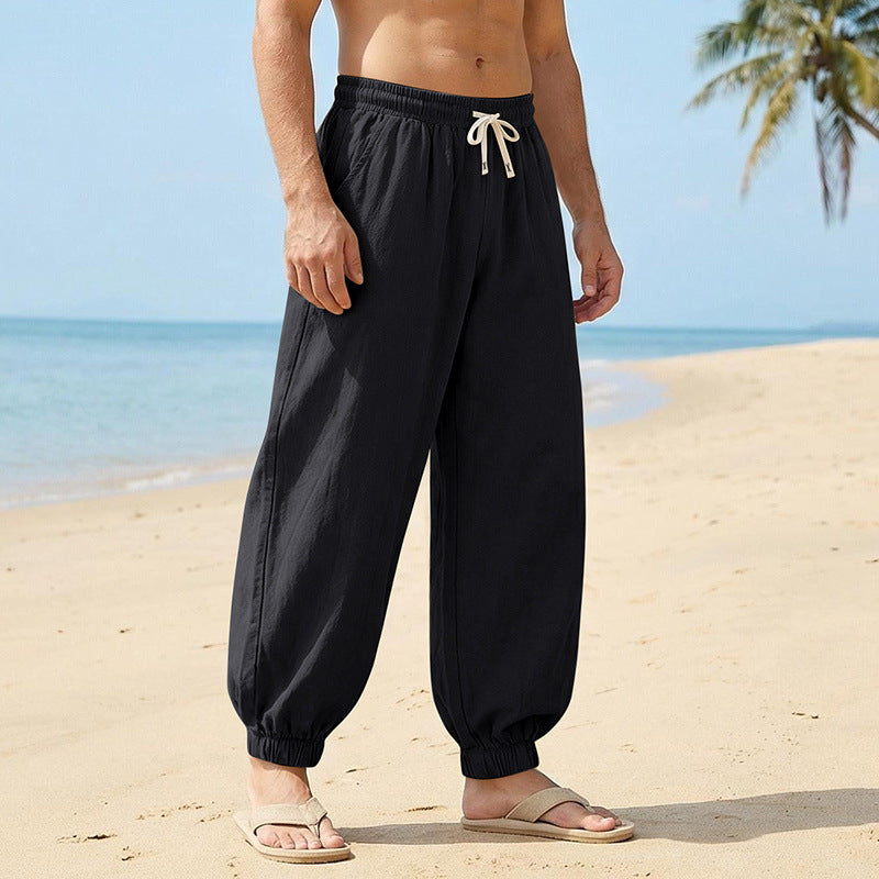 Herren Weite Leinenoptik-Strandhose mit Kordelzug, elastischem Bund und gerafften Beinabschlüssen EB