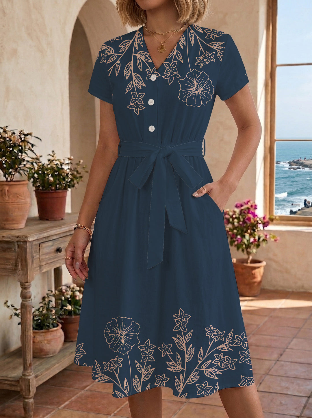 Damen Midi-Kleid mit floralem Design und bequemer Passform EB