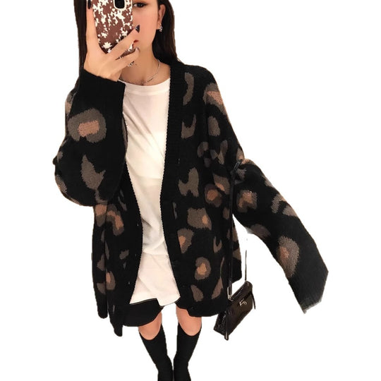 Damen gemütliche Strickjacke mit einzigartigem Leopardenmuster EB