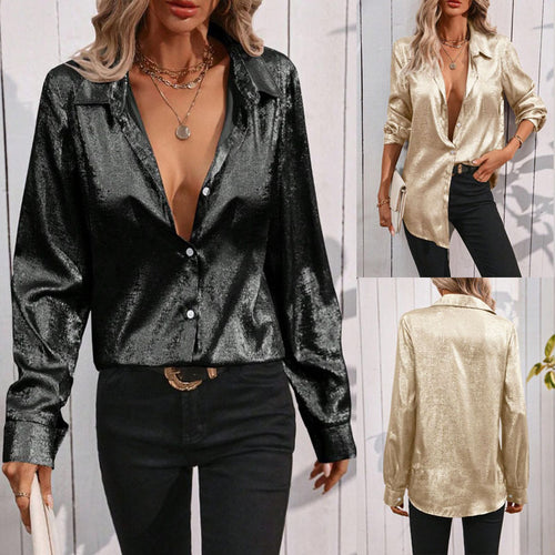 Damen elegante Bluse aus schimmerndem Stoff mit klassischem Kragen EB