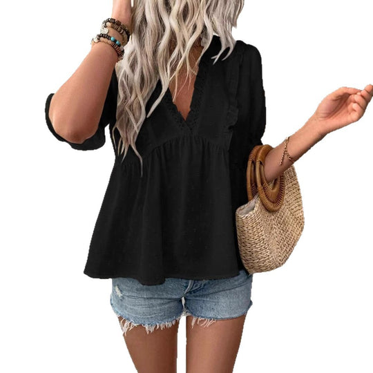 Damen elegantes Blusenshirt mit Rüschendetails und V-Ausschnitt EB