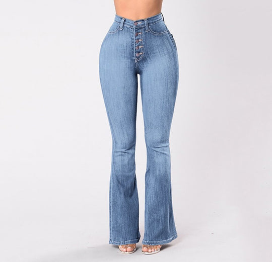Damen nan hochgeschnittene Bootcut-Jeans mit sichtbarer Knopfleiste, figurformendem Stretch und schlankem Oberschenkel EB