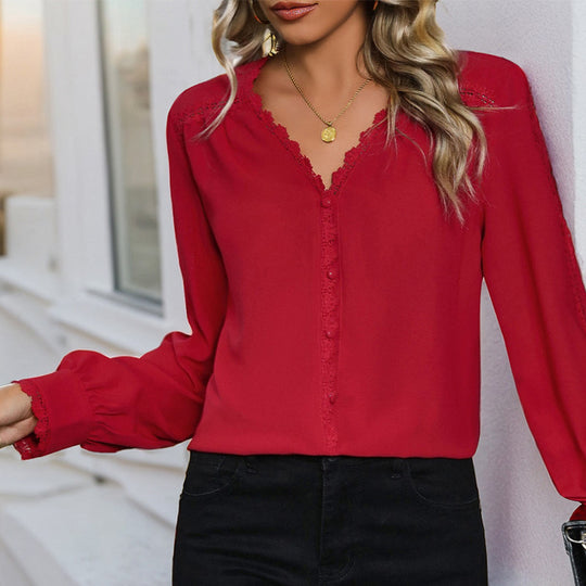 Damen Chiffonbluse mit feinen Spitzenakzenten und Knopfdetails EB