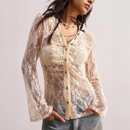 Damen nan zarte Spitzen-Cardigan mit taillierter Silhouette und Knopfleiste EB