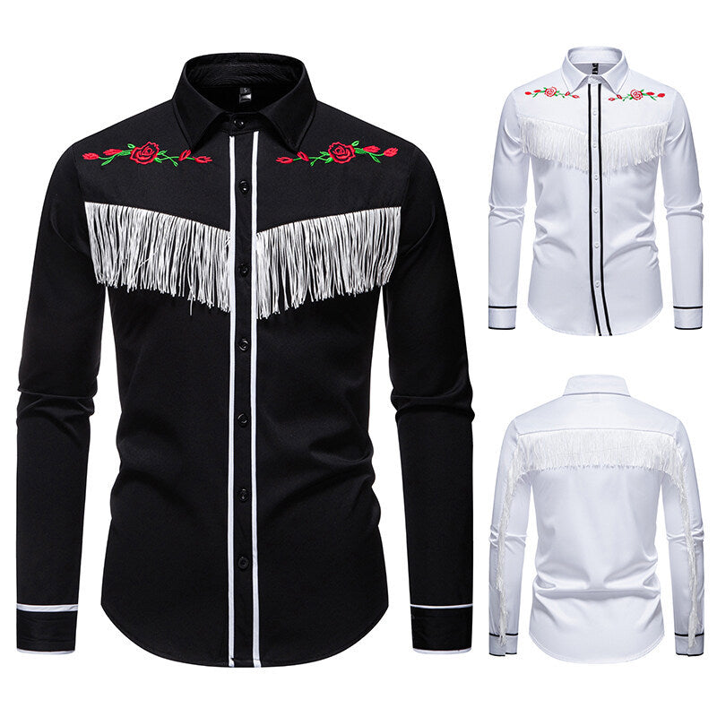 Herren elegante Westernbluse mit Fransen und bestickten Motiven EB