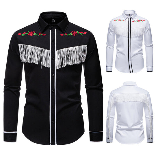 Herren elegante Westernbluse mit Fransen und bestickten Motiven EB