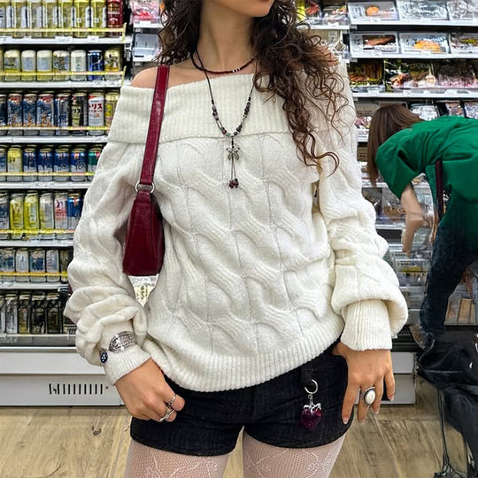 Damen nan schulterfreier Grobstrickpullover mit Zopfmuster, weitem Armaufschlag und elastischem Rippenbund EB
