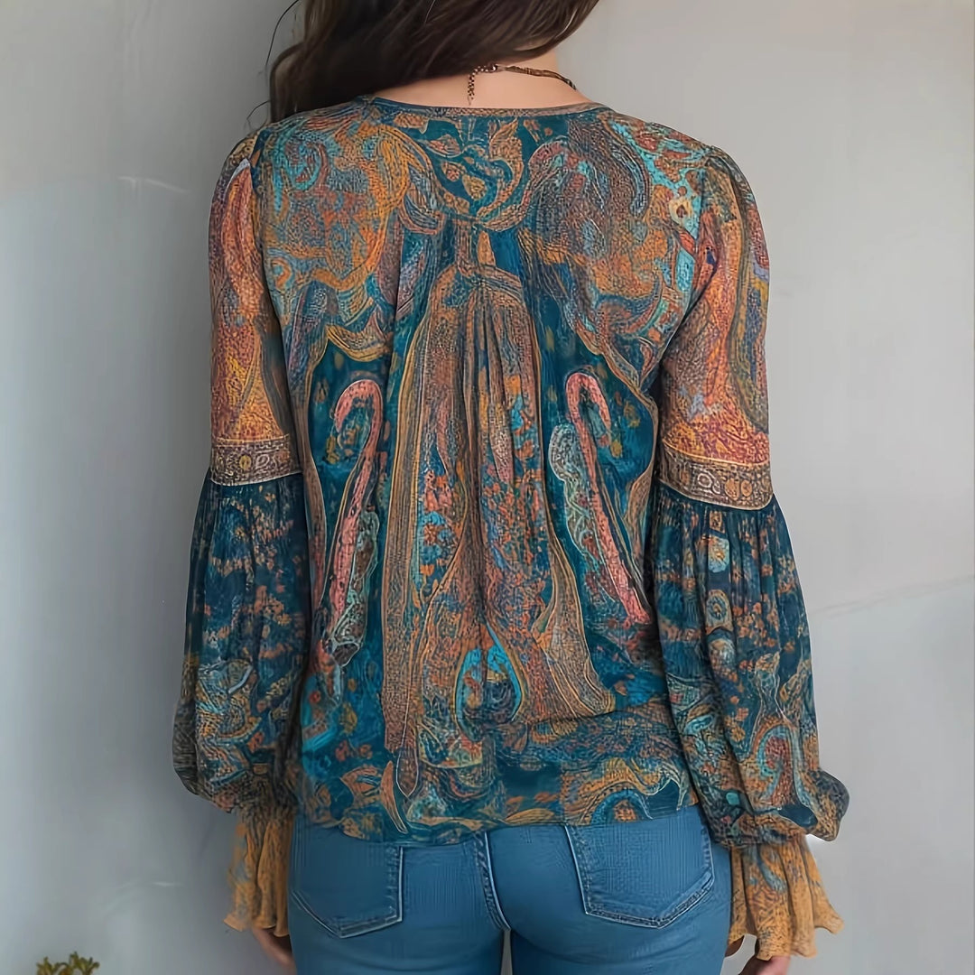 Damen Boho-Chic Bluse mit geflammten Ärmeln und V-Ausschnitt EB