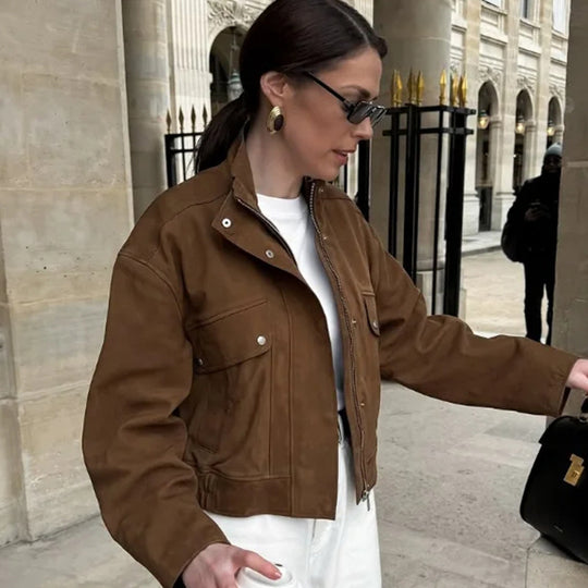 Damen Elegante Kunstlederjacke mit modernem Stehkragen EB