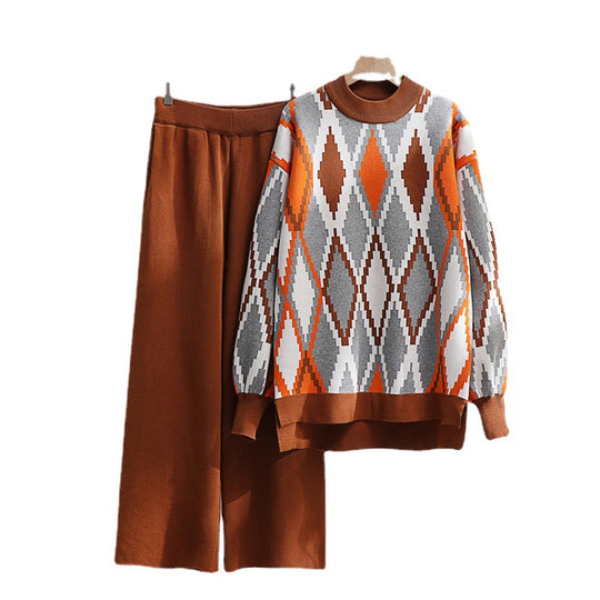 Damen modisches Strick-Loungewear-Set mit geometrischem Muster und weitem Schnitt EB